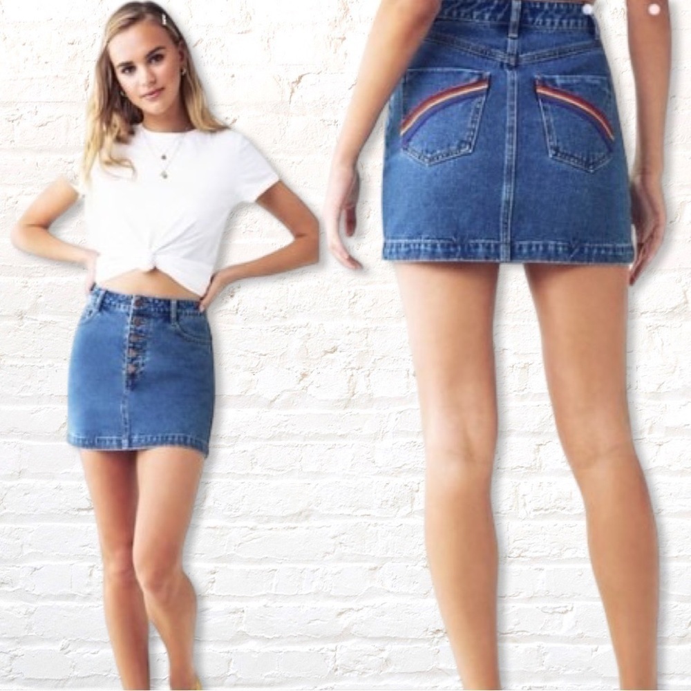 Forever 21 Rainbow Embroidered Denim Mini Skirt Size Large Button Fly Size Large